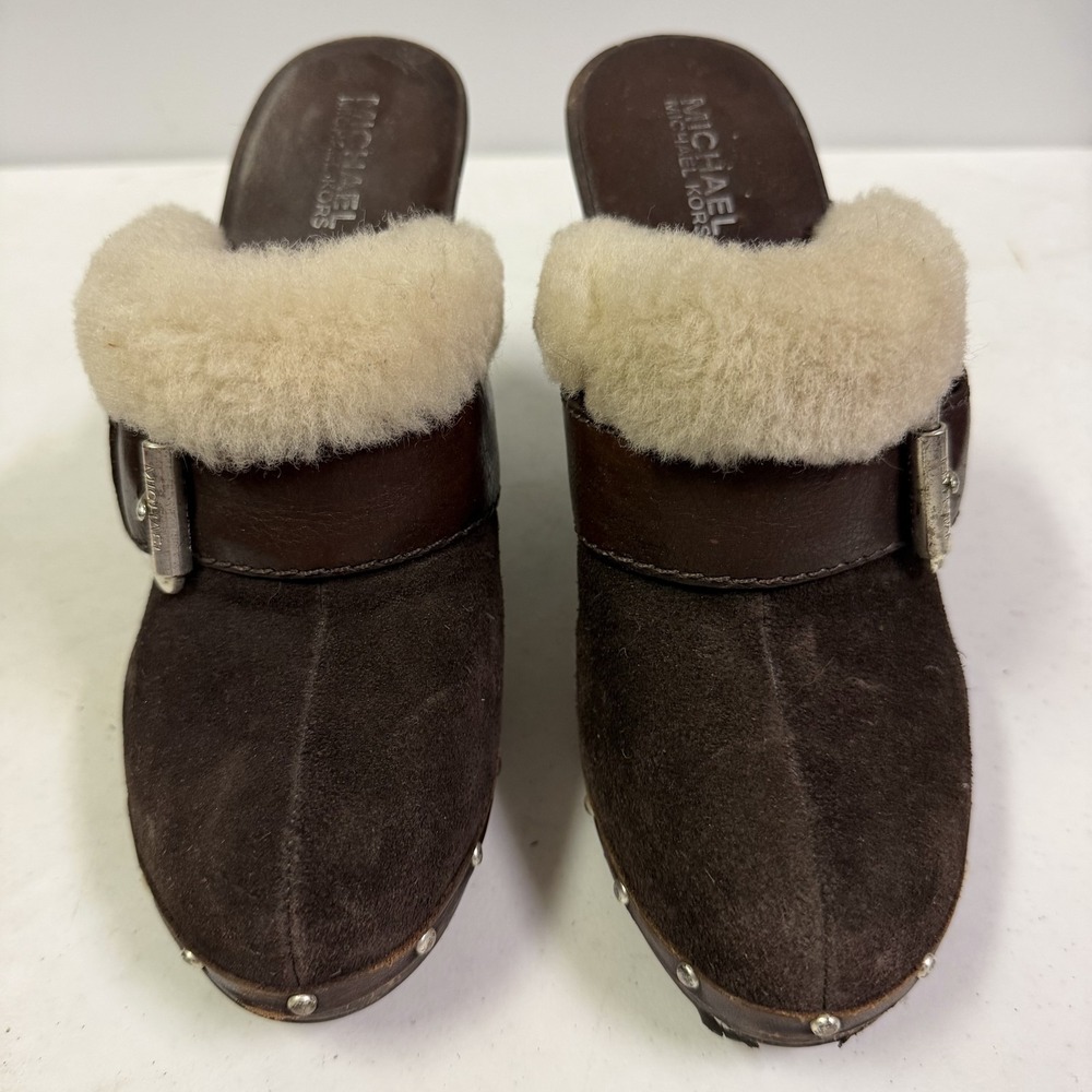 MICHAEL Michael Kors Brown Suede Fur Trim Wood Studded Clog Mules Heels Women's